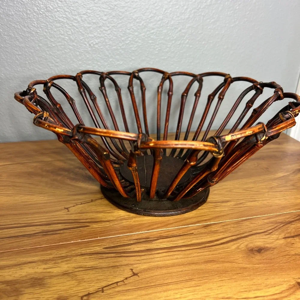 Vintage Bent Bamboo Wood Fruit Basket Boho Centerpiece Tiki Coastal MCM Eclectic
